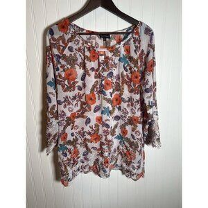 Women’s Sheer Chiffon Blouse Orange Floral Print Size M